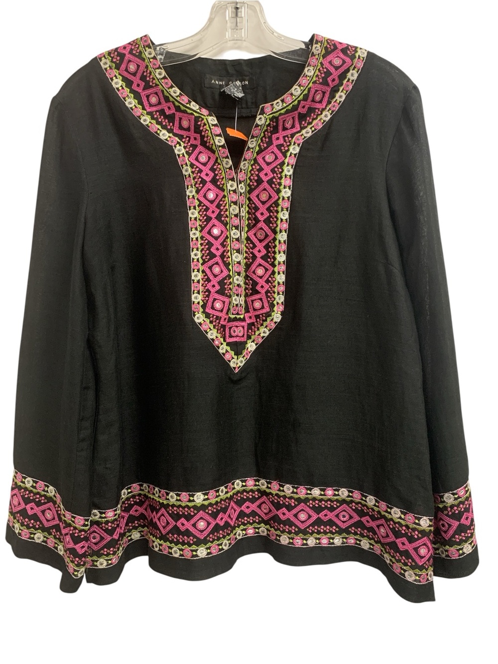 Anne Carson Black Tunic Top with Pink Embroidered Trim Size L